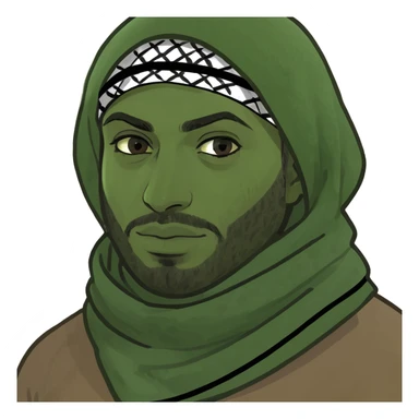 memoji cartoon of a brown man, eyes visible, face wrapped in a Palestinian keffiyeh scarf sticker