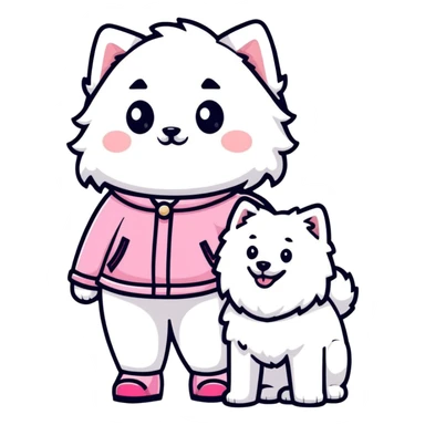 girl in pink Chanel-style outfit with white Samoyed dog sticker
