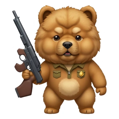Funny realistic-style chow chow dog with light fur standing on its hind legs and holding a gun menacingly sticker