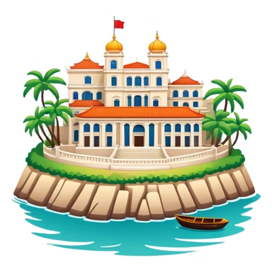 Gulangyu Island Xiamen with colonial buildings, simplified emoji style with bold outlines and bright colors, cartoon style island with piano shape sticker