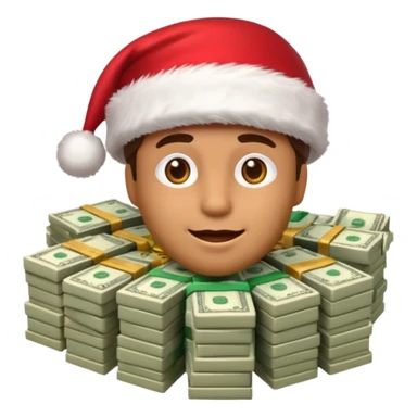 A confident rich emoji face wearing a Santa hat, money stacks, casino vibe, New Year theme, premium 3D emoji style, sharp details, no text, isolated on transparent background sticker