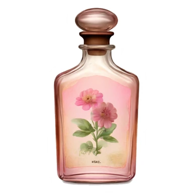 English vintage glass perfume bottle from my aristocratic grandmother, exquisite bottle shape, old and shabby, with label, stylish and minimalistic, brown with pink gradient, with little herbal and flowers  sticker