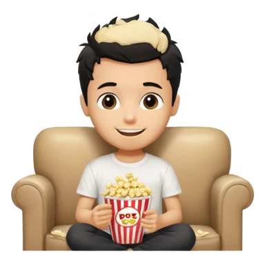 generate a pretty tan bratz boy with black messy hair eating popcorn and watching tv, wearing white tshirt sticker