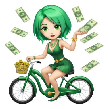 One girl dressed in money, with green hair, and fancy jewelry throwing money, in a cycle where shes working or shes spending sticker