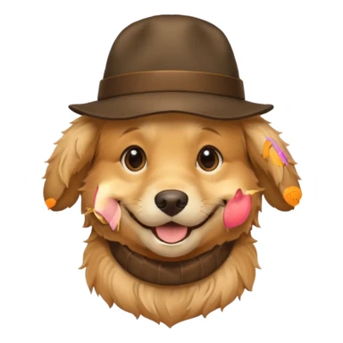 Golden retriever with a hat sticker