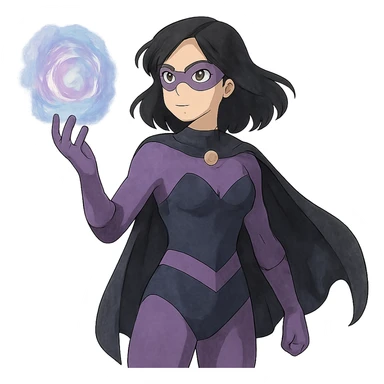 ghibli style superhero woman with soft purple and black costume, magical aura around her hand sticker