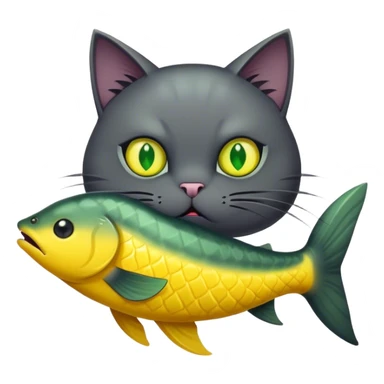 Dark grey evil cat eating a giant yellow fish sticker