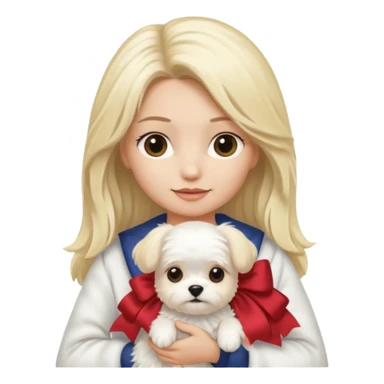 blonde long haired woman holding Maltese dog sticker
