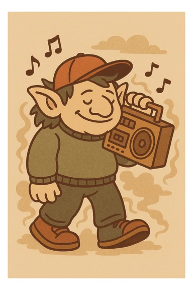 troll with a boombox, wearing streetwear and a cap, surrounded by musical notes and smoky atmosphere, bold cartoonish style, flat warm colors sticker