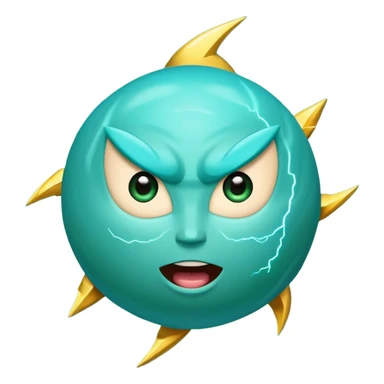 Uranus planet emoji in Apple-style, blue-green with dynamic rings, large fun excited expressive face, big bold lightning bolt, symbolizing chaotic unexpected energy sticker
