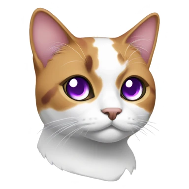 A calico cat with purple eyes and a white pupil sticker