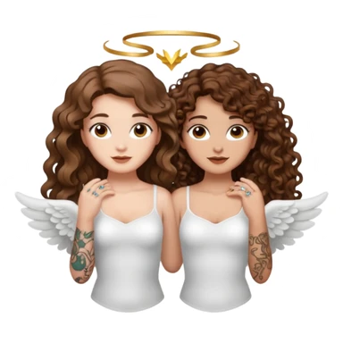 fake angel pose — long wavy brown hair tattooed woman and short tight curly brown hair woman — halo sparkle sticker