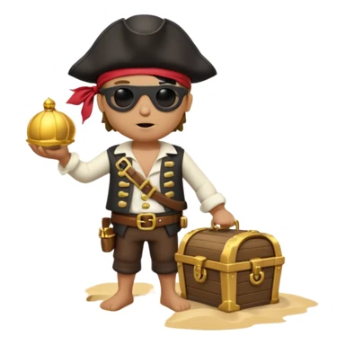 A 3D cartoon pirate with one eye covered by a black eye patch, holding a treasure chest of gold, wearing a hat, standing on sand, Memoji-style. sticker