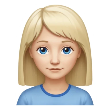 50 yr old white woman, hippie part short bangs, very long straight blond hair, oval face, small smile, blue eyes, thin face, hair downback, hair parted at center of head, round cheeks, pale, longer hair, white shirt sticker