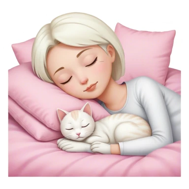 White cat sleeping with white girl short hair in pinky bed  sticker