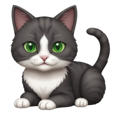 beautiful female solid dark grey cat with green eyes, white toes/paws and white patch on her chest playing sticker