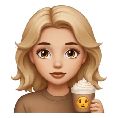cozy warm-toned emoji girl with soft bronzy eyeshadow, fluffy brows, caramel shimmer, glossy nude lips, light contour, tousled hair, latte-inspired look sticker