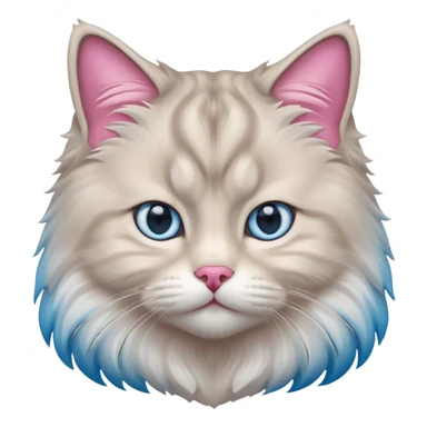 Fluffy Siberian cat face emoji, white and grey long hair, bright blue eyes, pink nose, friendly expression, 3D vector style, isolated on white background. sticker