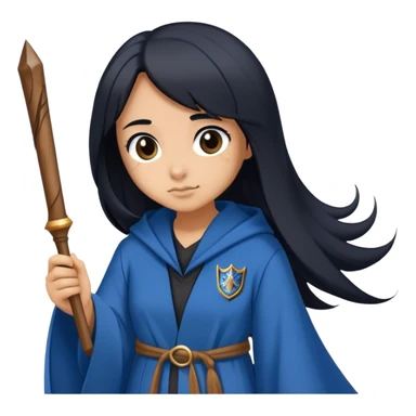 Girl with straight Long black hair and a ravenclaw Robe and a wooden wand sticker