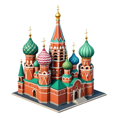 Isometric illustration of Moscow, featuring photorealistic Saint Basil's Cathedral with colorful onion domes, hand-drawn painterly details, subtle texture on bricks and roofs, realistic shadows and soft lighting, muted yet vivid color palette, diorama miniature effect. sticker