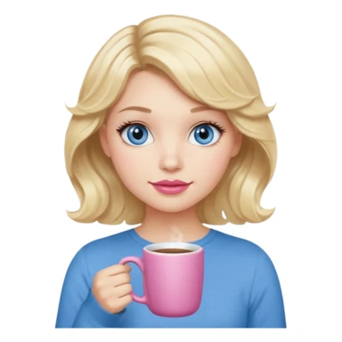 Girl Blonde short wavy hair,  blue eyes, cute blue top, long lashes, pink lips, holding hot coffee mug sticker
