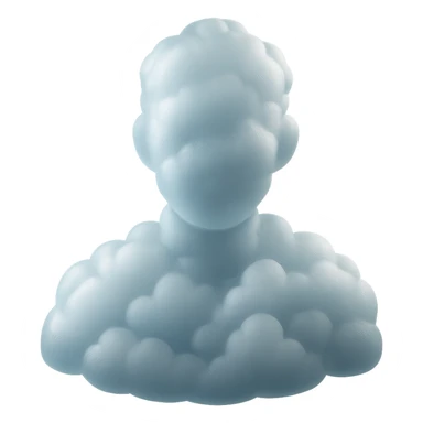 person assembled from bright clouds, shoulder up, front view, matte glass style sticker