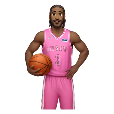 An emoji of a white-skinned man with slightly long hair, wearing a pink basketball jersey and holding a pink basketball sticker