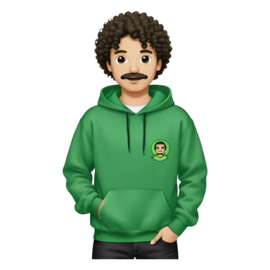 light skin man with mustache and curly hair wearing a green sex records hoodie with black jeans and balenciagas sticker