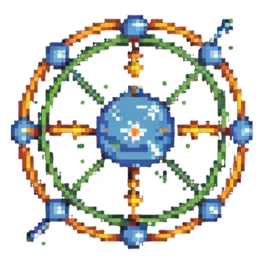 retro pixel art atom with valence electrons orbiting sticker
