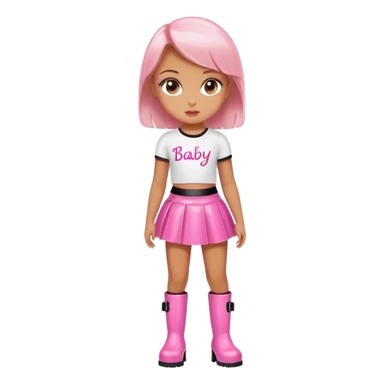 Mini latex skirt and boots and short top with pink inscription “Baby girl” sticker