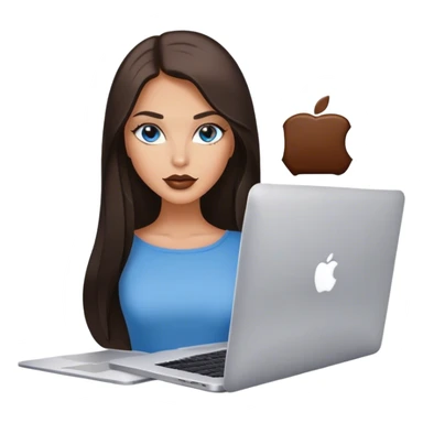 Glamours tanned very beautiful girl with pump natural beige lips and dark chocolate straight smooth long hair, blue-grey eyes with MacBook sticker