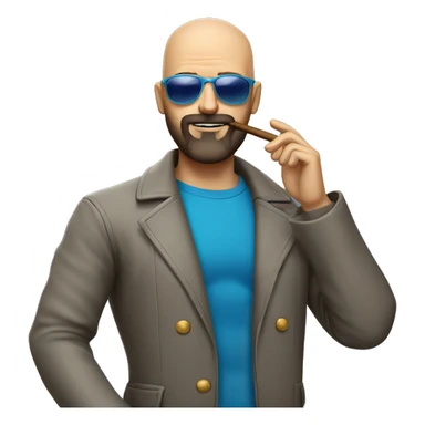 Bald man with brown beard and blue sunglasses.  Smoking cigar sticker