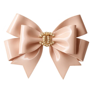 Remove the background, keep only the elegant bow with pearls and gold Chanel logo, glossy, pastel colors, realistic style, with no background. sticker