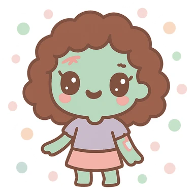 zombie girl with curly brown hair and brown eyes, stylized illustration sticker