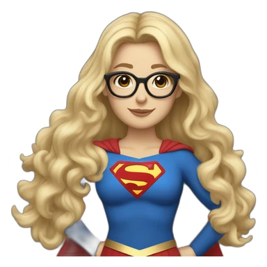 Caucasian Supergirl upper body long wavy hair and glasses with an "F" in the chest sticker