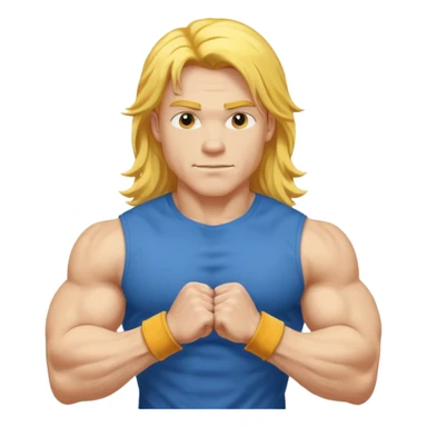 young guy with biceps fkexing, long yellow hair, blue t-shirt sticker