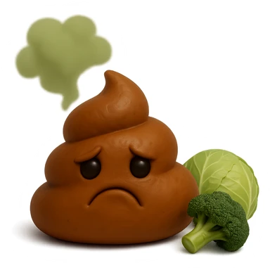 emoji stile iphone feci tristi realistiche 3d con nuvoletta verde che esce simboleggiando puzza e con accanto cavoli e broccoli, realistico 4k
 sticker