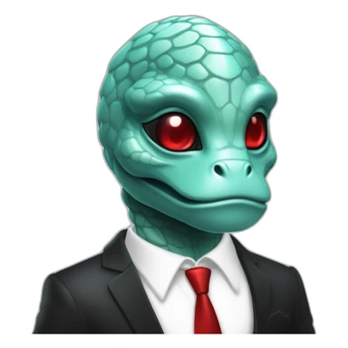 Aquamarine reptilian in classic black suite with red laser eyes on the middle of platinum coin sticker
