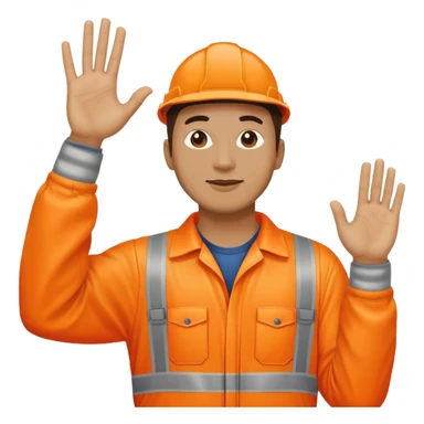 man standing facing away, wearing orange hi visibility overalls  with one arm raised sticker