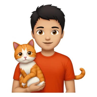 Indian Brown guy with black hair in red t-shit with orange cat sticker