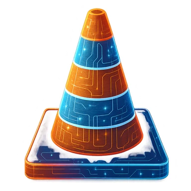 Recreate the VLC cone icon in a cyberpunk, holographic style with glowing neon orange, blue, and pink edges. Include intricate circuit patterns throughout the entire icon. Maintain the recognizable orange and white cone shape and colors, but make the design flat and futuristic with a clean cyberpunk glow and consistent intricate circuit details. The background should be transparent, and the overall style should be flat and futuristic matching cyberpunk aesthetics. sticker