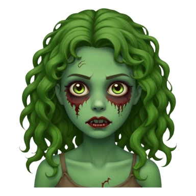 faça uma garota zombie, com a pele verde, cabelo castanho cacheado abaixo do ombro linda sticker
