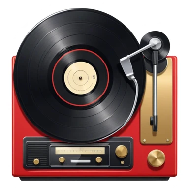 Icon for Vinyl Record Collecting: large black, golden and red vinyl records in decorative packaging featuring artist images, neatly arranged on a wall or shelf, modern vinyl record player. The icon should reflect the aesthetic and artistic aspect of collecting vinyl records. Transparent background. sticker