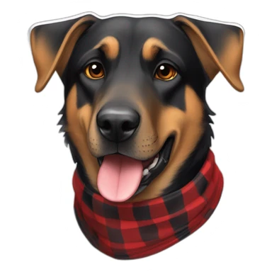 adult 75% Coonhound 25% German Shepherd mix dog wearing small pointed red buffalo plaid bandana sticker