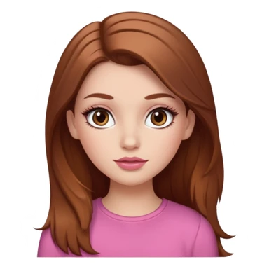 white girl with long brown hair with caramel highlights wearing a white top. Blush on the cheeks and big eyelashes and a brown-pink lip combo  sticker