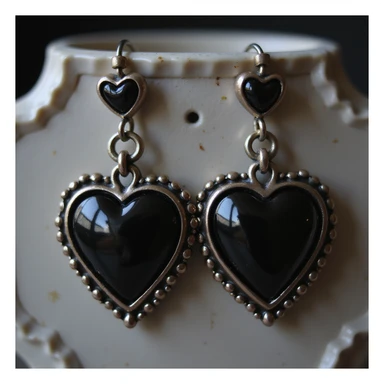 realistic goth earrings, black heart locket, polished metal, romantic gothic sticker