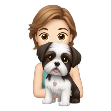 A white woman with brown hair accompanied by a white and black Shih Tzu puppy sticker