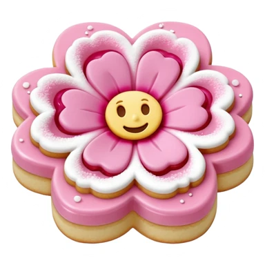 Realistic shortbread cookie in the shape of a camilia flower with pastel pink color jelly middle filling andkled powder sugar on top.emoj sprini sticker