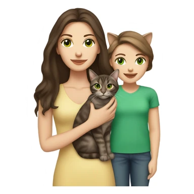 Caucasian women with long dark brown hair and brown eyes holding a tabby cat with green eyes sticker