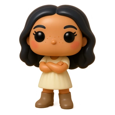 Enhance the Funko Pop style vinyl figure with superior quality, smooth tanned skin, detailed dark hair, textured feminine cream dress, greige leather boots clearly visible, arms crossed, rosy cheeks, very discreet freckles, eyelashes, mischievous and cheerful expression, no mouth, transparent background. sticker
